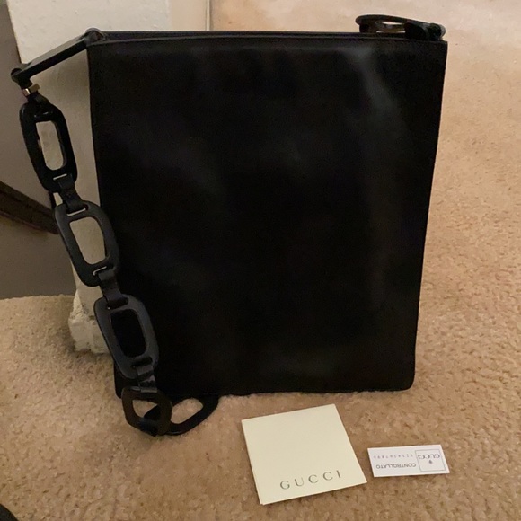 Vintage NEW GUCCI sleek black leather shoulder bag crossbody handbag w/wood RARE - Picture 2 of 13